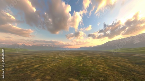 Empty space and green mountains with sky clouds at sunset #743038819