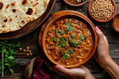 A woman's hand holds a bowl of traditional Indian food. With lentils and beans served with naan flatbread photo