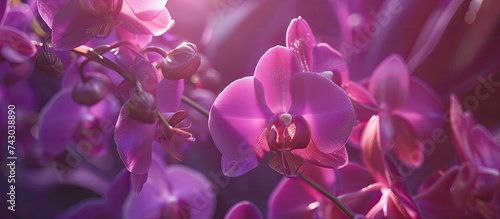 This close-up shot showcases a cluster of richly hued purple orchid blooms  their delicate petals and intricate details capturing the viewers attention. The image highlights the vibrant color and