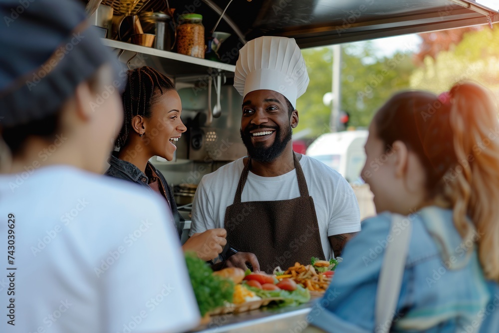 Multiracial people ordering food at counter in food truck outdoor - Soft focus on chef man face - obrazy, fototapety, plakaty 