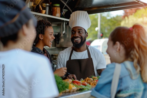 Multiracial people ordering food at counter in food truck outdoor - Soft focus on chef man face photo