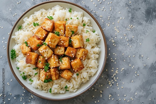 plate of rice and fried tofu with sesame seeds photo