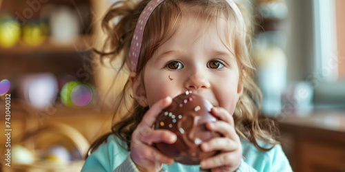 A child  eyes alight with joy  delicately savors a chocolate Easter egg  