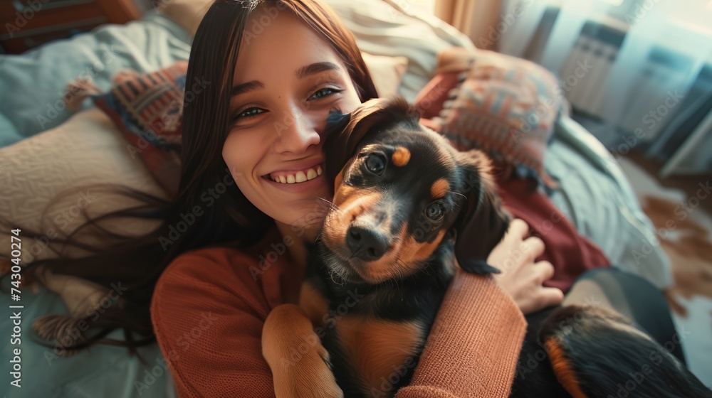 smiling selfie with dog in modern apartment. Love, happiness. Holding cute pet puppy.