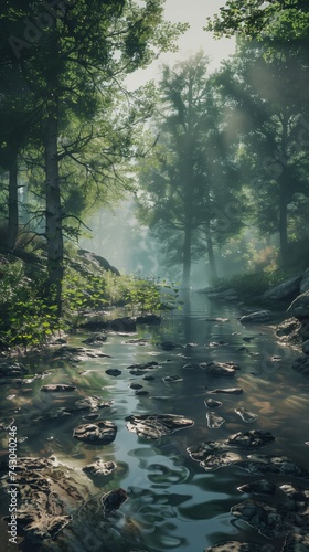 immersive virtual reality experience with realistic forest and babbling brook setting