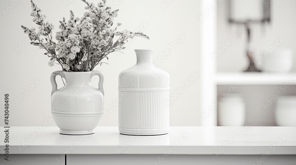 Vertical shot of kitchen island with shelves and tablewear. vase with flowers on marble table top. monochrome furniture with home decor in provence interior Vertical shot of kitchen island with shelves and tablewear. vase with flowers on marble table top. monochrome furniture with home decor in provence interior