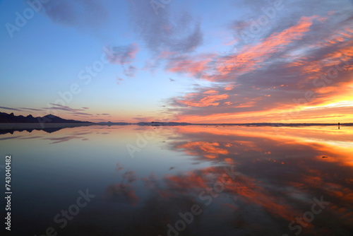Sunrise at Bonneville Salt Flats with spectacular water reflections near Wendover Utah Unit4ed States