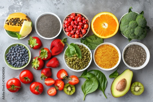 Top-down view of fresh fruits  vegetables  grains  leafy vegetables on gray concrete background.