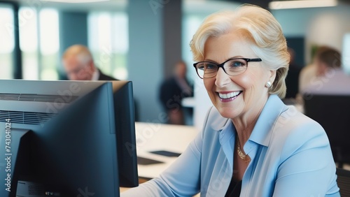 Mature business woman 65 years old using laptop and working on computer while sitting at desk in office.