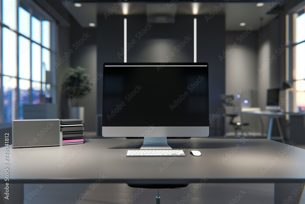 Empty computer monitor screen for design mock up template in modern small office interior or home office. Empty computer monitor screen for design mock up template in modern small office interior or home office.