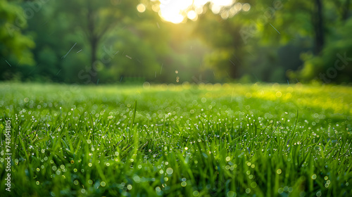 A dew-covered meadow, with fresh green grass as the background, during the rebirth of the earth