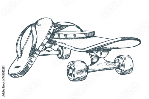 Vector monochrome illustration of skateboard with slippers. Drawing in free and stripped lines. photo