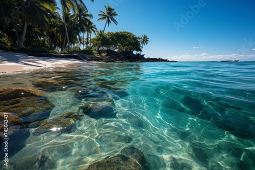 A beach with palm trees, clear blue water, and a vast ocean horizon