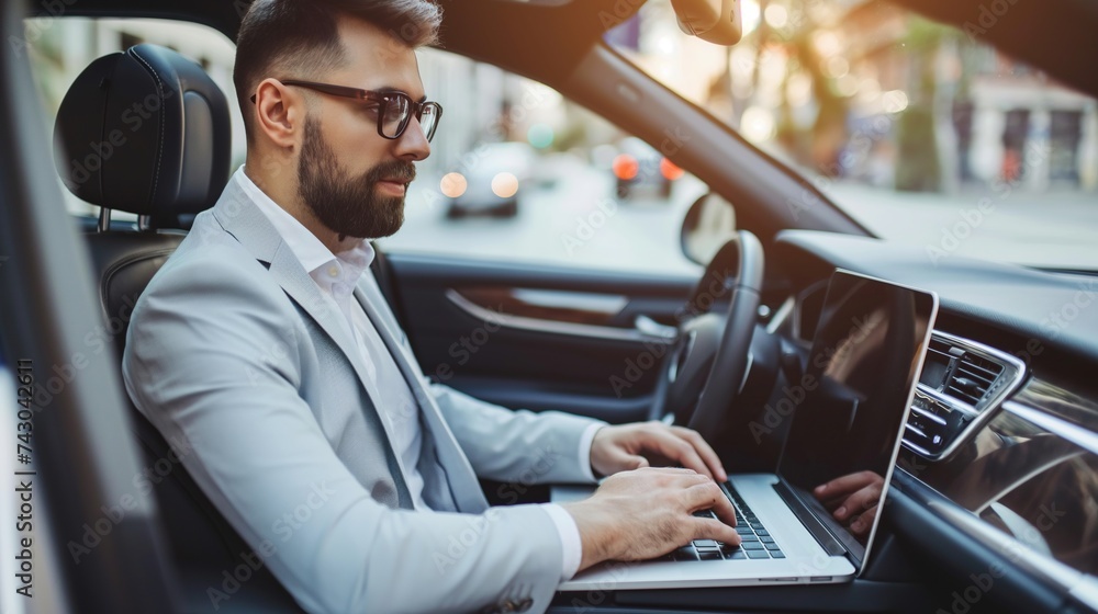 Full concentration at work. Confident young man in full suit working using laptop while sitting in the car. Handsome businessman working on laptop computer while sitting in luxury car.
