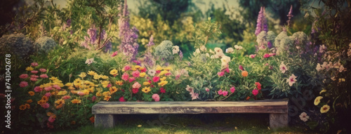 wooden bench in garden with background full of spring flowers