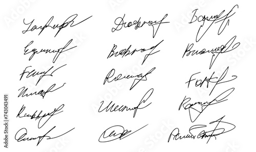 Set of autograph fictitious, handwritten fake signature. Isolated doodle on white background, vector illustration