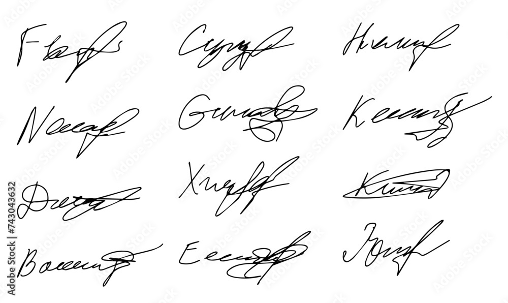 Set of autograph fictitious, handwritten fake signature. Isolated doodle on white background, vector illustration Set of autograph fictitious, handwritten fake signature. Isolated doodle on white background, vector illustration