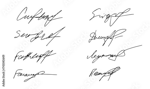 Set of autograph fictitious, handwritten fake signature. Isolated doodle on white background, vector illustration
