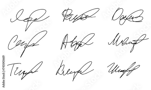 Set of autograph fictitious, handwritten fake signature. Isolated doodle on white background, vector illustration