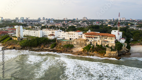 Aerial view of Osu castle and coastline, Accra, Ghana.