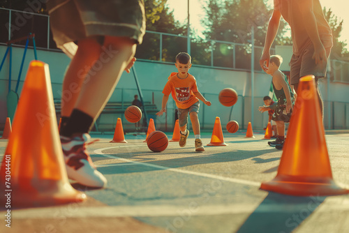 Children play basketball on training court. Happy kids bouncing basketballs between practice cones in sunny day. Basketball education for school kids photo