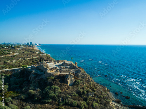 Aerial view of Apollonia fort ruins on the Mediterranean coast, Herzliya, Central District, Israel. photo