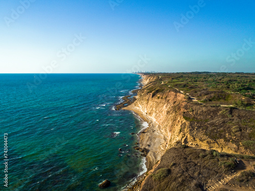 Aerial view of serene Herzliya beach on the Mediterranean coast, Central District, Israel. photo