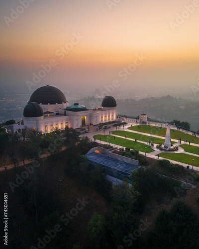 Aerial view of illuminated Griffith Observatory and scenic Los Angeles skyline, California, United States. photo