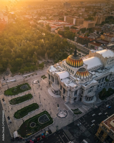 Aerial view of the golden sunset over the historic Alameda Central and the elegant Palacio de Bellas Artes, Mexico City, Mexico. photo