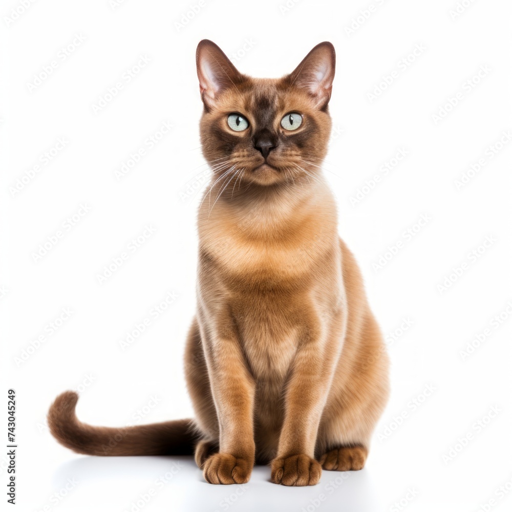 Cheerful Burmese Cat sitting on a white background, glossy coat, happy expression Generative AI