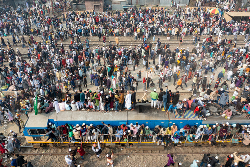 Aerial view of crowded train station in Dhaka, Bangladesh. photo