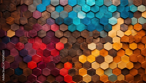 Energetic Wood Hex Tiles  Vivid Wall  Tiny Patterns  Blend of Many Hues on Tile Surface