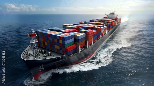 Merchant worldwide transportation ship full of Cargo Container boxes for import export dock in sea or ocean. International Business commercial trade global freight shipping logistic oversea concept. photo