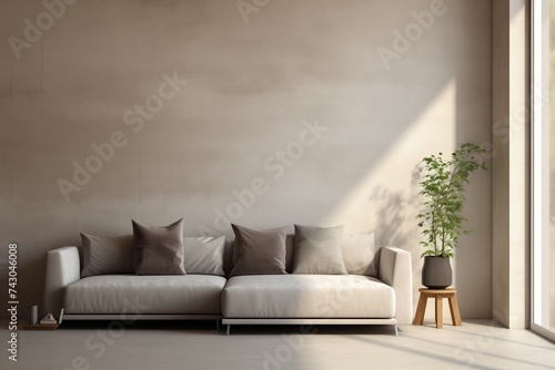 Contemporary Living Space, Sofa by Window, Stucco Wall, Minimalist Interior Design