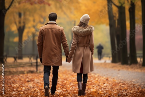 Young Couple Walking in Autumn Park, Holding Hands, Expressing Love