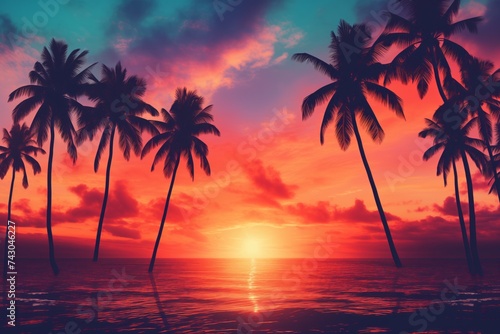 Tropical Sunset, Island Beach, Palm Trees Background, Exotic Atmosphere, Coastal Evening Beauty © panumas