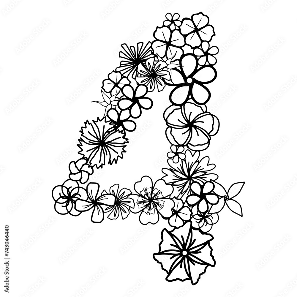 Simply flower number with flower head, isolated hand drawn elements for design card, invitation and coloring page. Black and white doodle floral element for children education