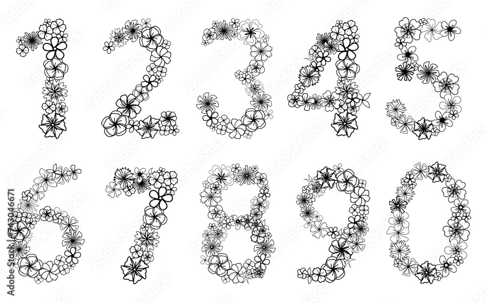 Simply flower number set with flower head, isolated hand drawn elements for design card, invitation and coloring page. Black and white doodle floral element for children education Simply flower number set with flower head, isolated hand drawn elements for design card, invitation and coloring page. Black and white doodle floral element for children education