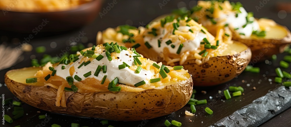 Hot Baked Potato with chives cheese and sour cream. with copy space image. Place for adding text or design - obrazy, fototapety, plakaty 
