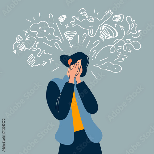 A woman suffering from depression covers her face with her palms in despair, the girl tries to solve complex problems. Mental disorder, search for answers, confusion concept. 