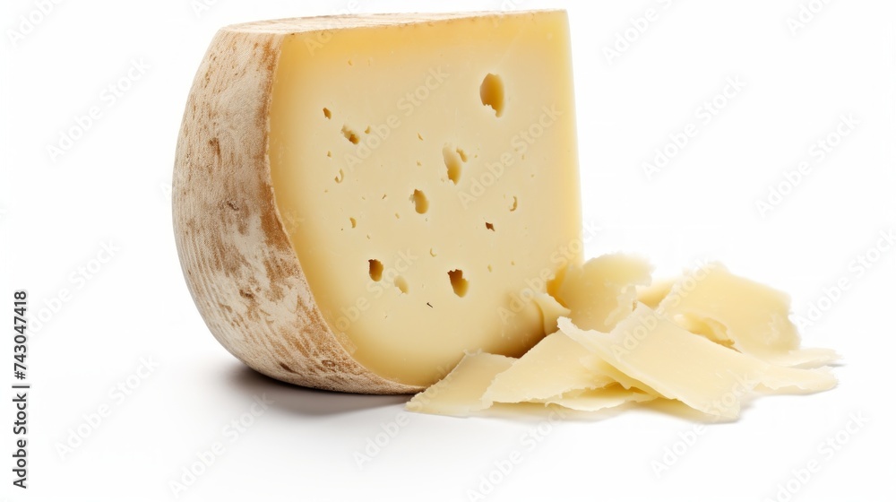 Close-up realistic photo featuring a crumbly pecorino cheese against a white background Generative AI