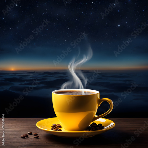 Cup of coffee on wooden table over dark background with sky and stars