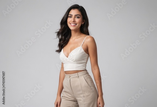 An elegant woman in a chic white crop top and beige trousers poses with confidence, her attire perfect for a fashionable summer day.