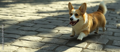 Happy little corgi dog runn...