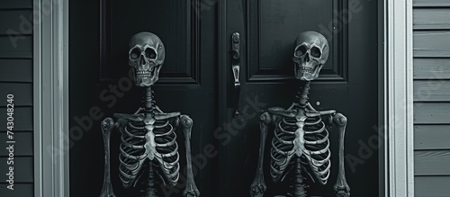 Halloween scene of two skeletons in the front yard celebrating. with copy space image. Place for adding text or design © vxnaghiyev