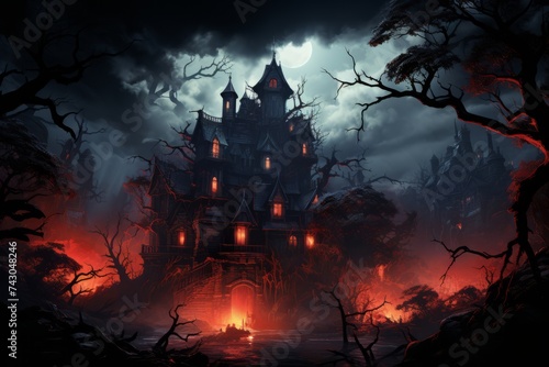 a haunted house is surrounded by trees and a fire