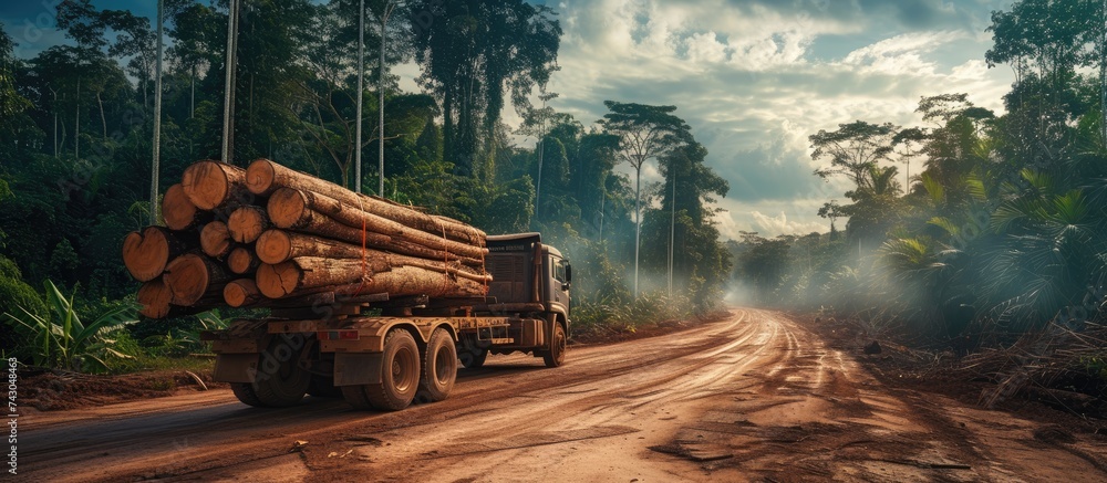 gandu bahia brazil october 6 2022 truck loading wood log from deforestation of rainforest in southern Bahia. with copy space image. Place for adding text or design - obrazy, fototapety, plakaty 