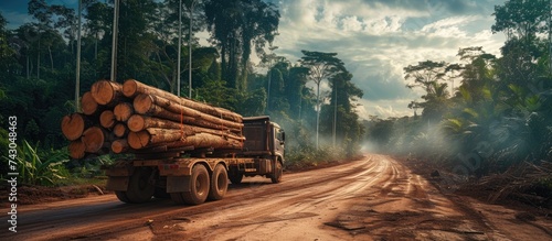 gandu bahia brazil october 6 2022 truck loading wood log from deforestation of rainforest in southern Bahia. with copy space image. Place for adding text or design photo