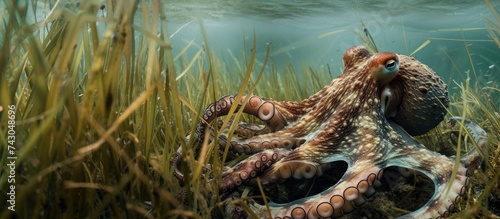 Common Octopus Octopus vulgaris climbing out of its den surrounded by seagrass. with copy space image. Place for adding text or design photo