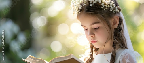 A young girl with prayer book celebrating her First Holy Communion. with copy space image. Place for adding text or design
